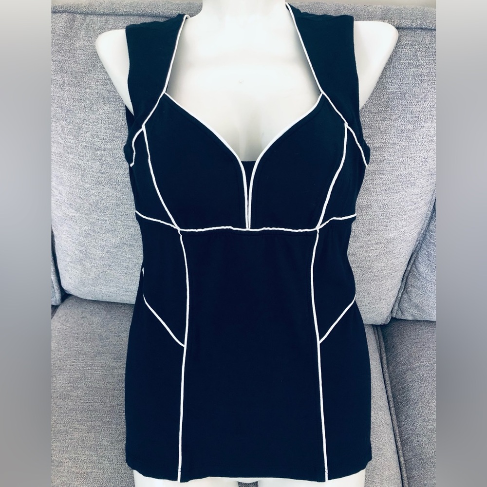 Cache Navy Blue Tank Top with White Piping. Size XS